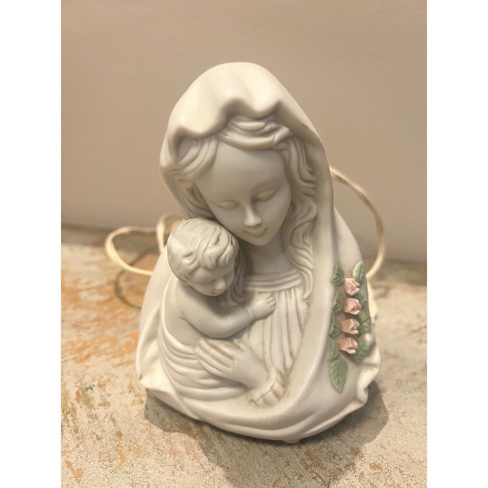 Vintage Porcelain Virgin Mary and Baby Jesus Night Light Bisque Figurine White